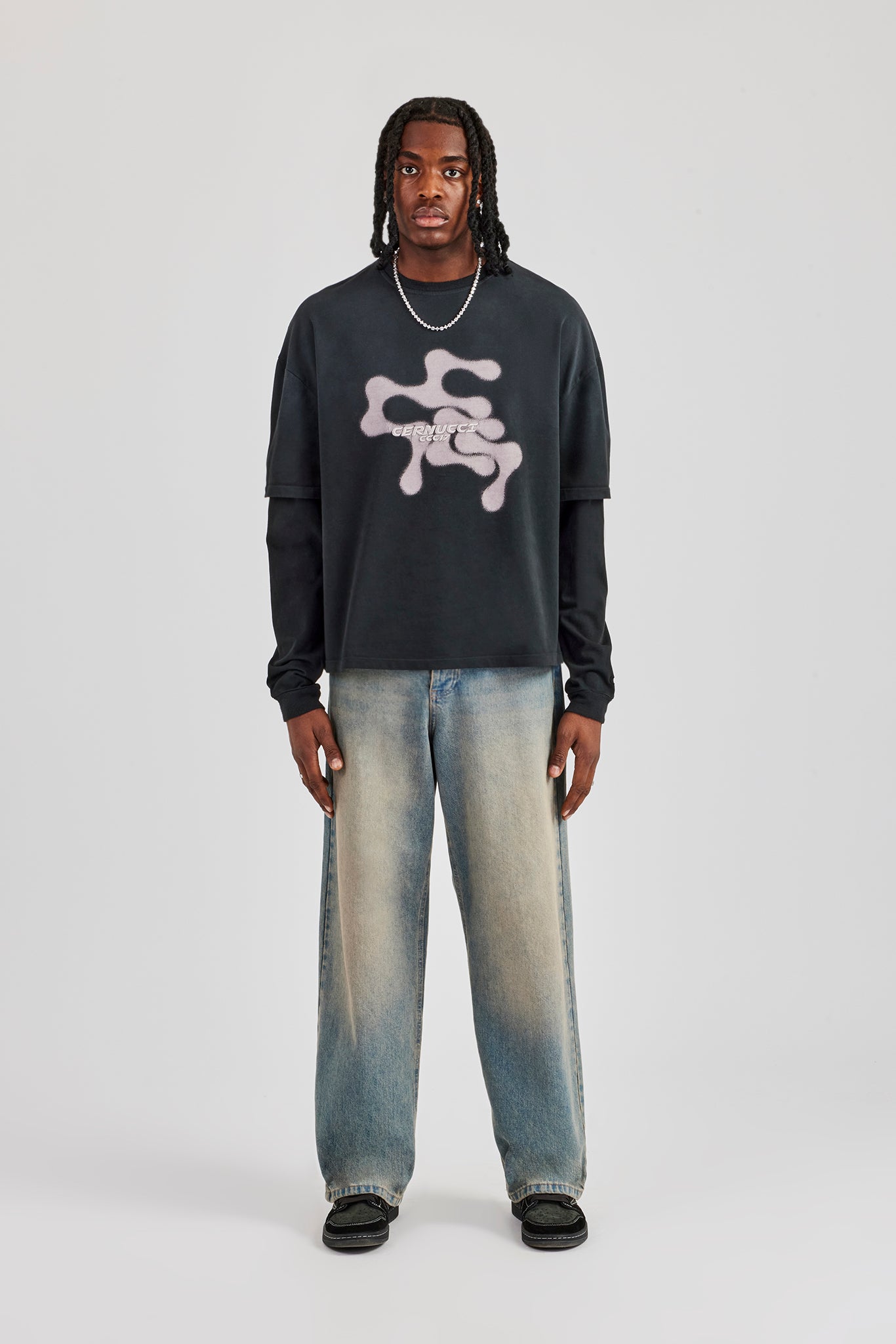 Gewaschenes, mehrlagiges Langarm-T-Shirt - Schwarz