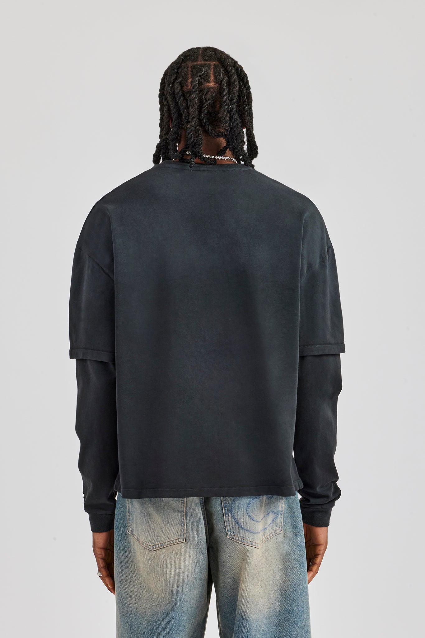 Gewaschenes, mehrlagiges Langarm-T-Shirt - Schwarz