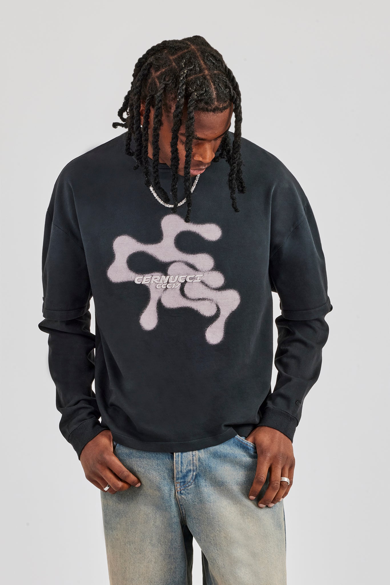 Gewaschenes, mehrlagiges Langarm-T-Shirt - Schwarz