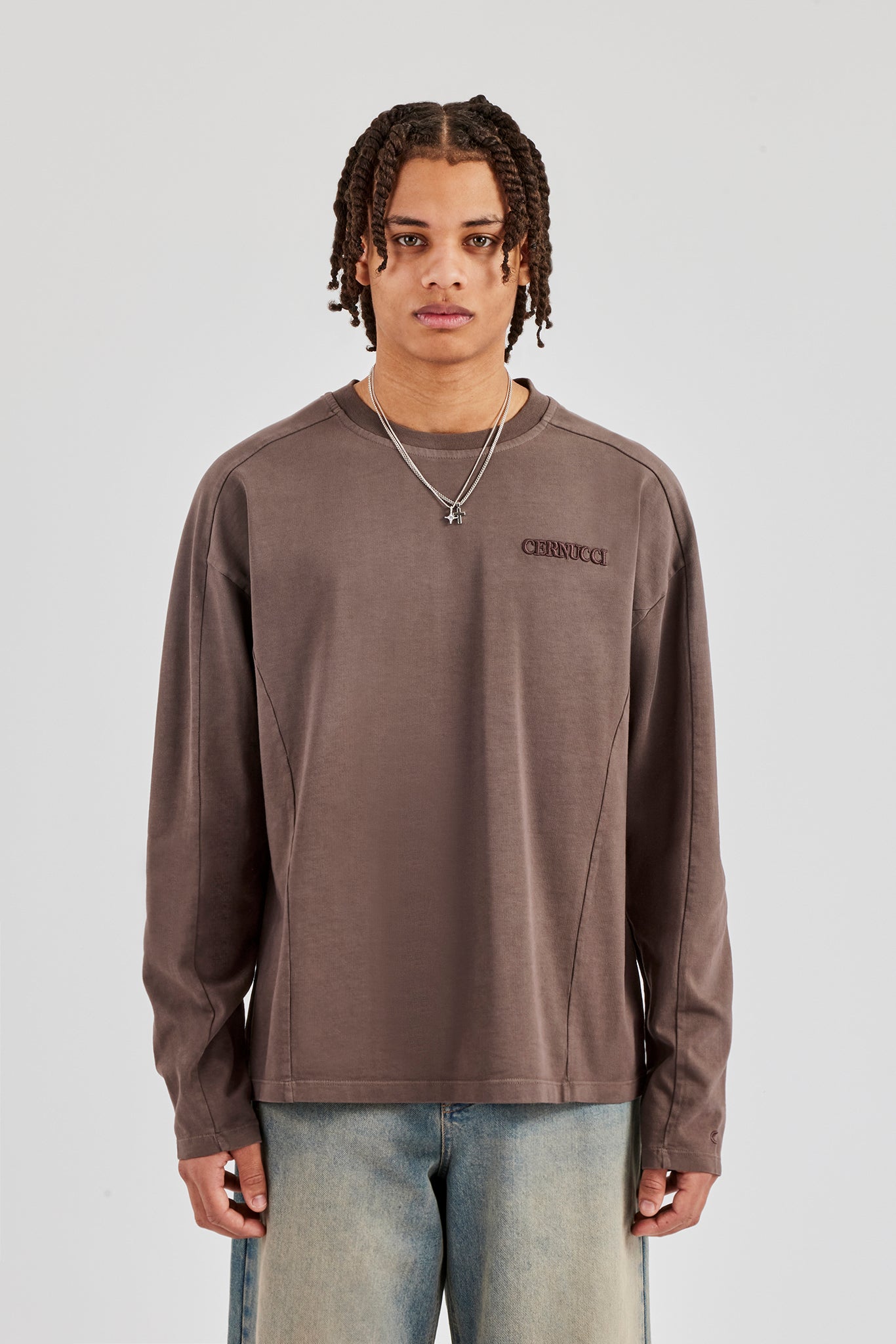 Washed Raw Edge Long Sleeve T-Shirt - Chocolate | Mens Tees