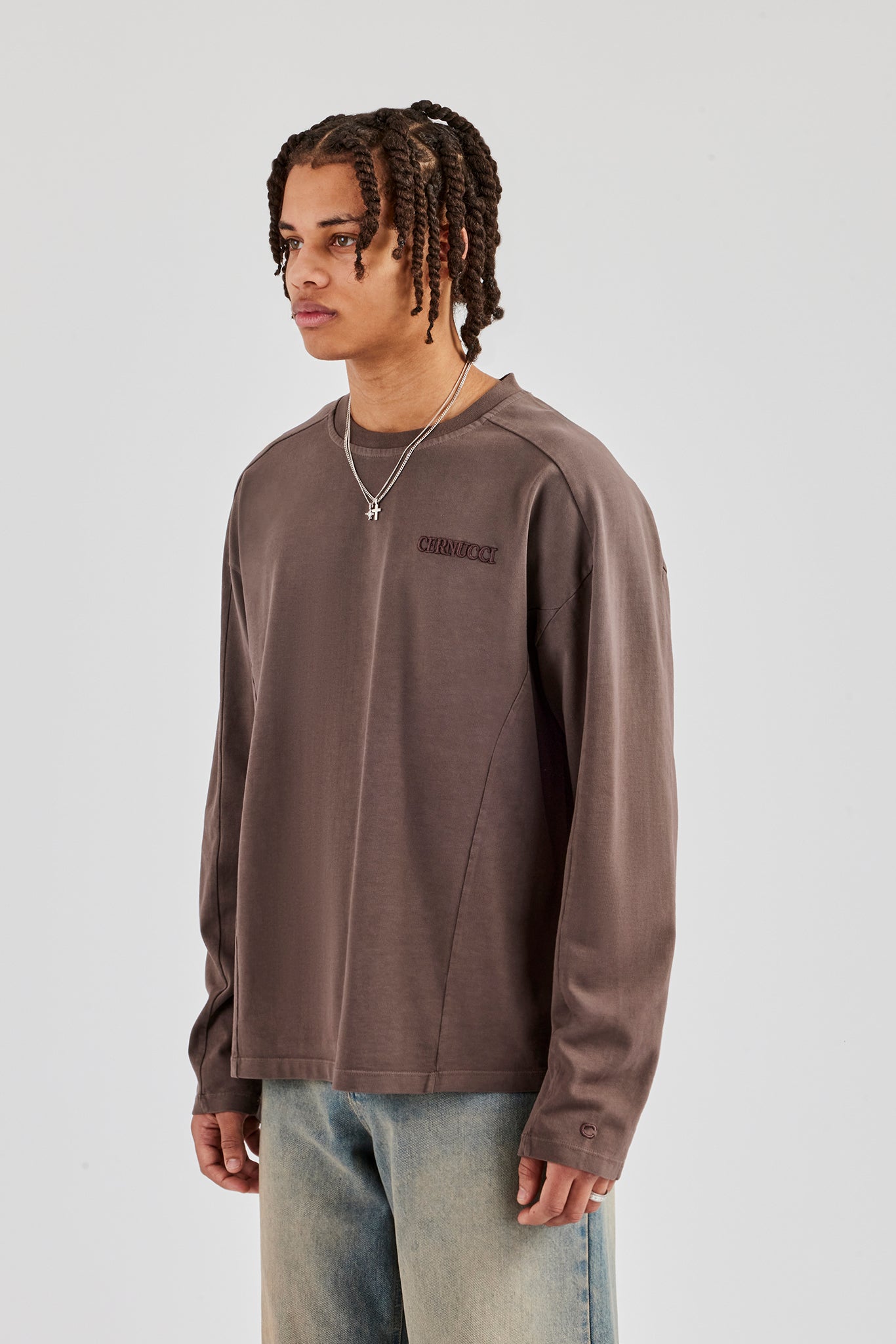 Washed Raw Edge Long Sleeve T-Shirt - Chocolate