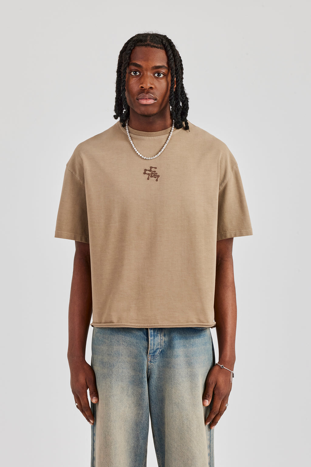 Tees With Chain Chain Stitch Distressed Boxy T-Shirt - Taupe | Mens Tees & Vests | Shop ...