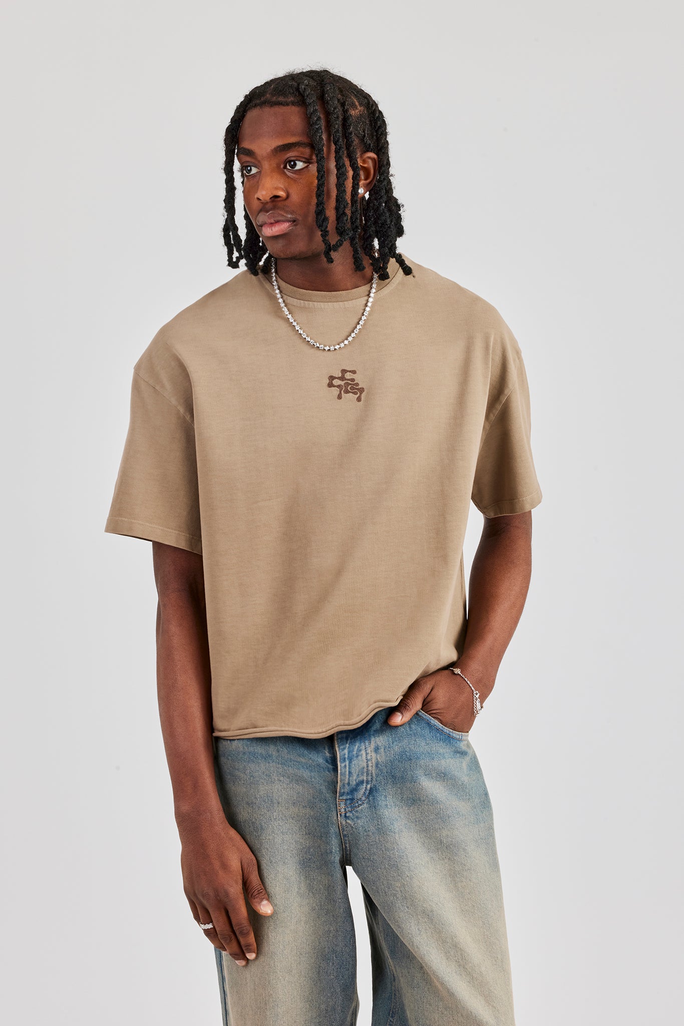 Chain Stitch Distressed Boxy T-Shirt - Taupe | Mens Tees & Vests