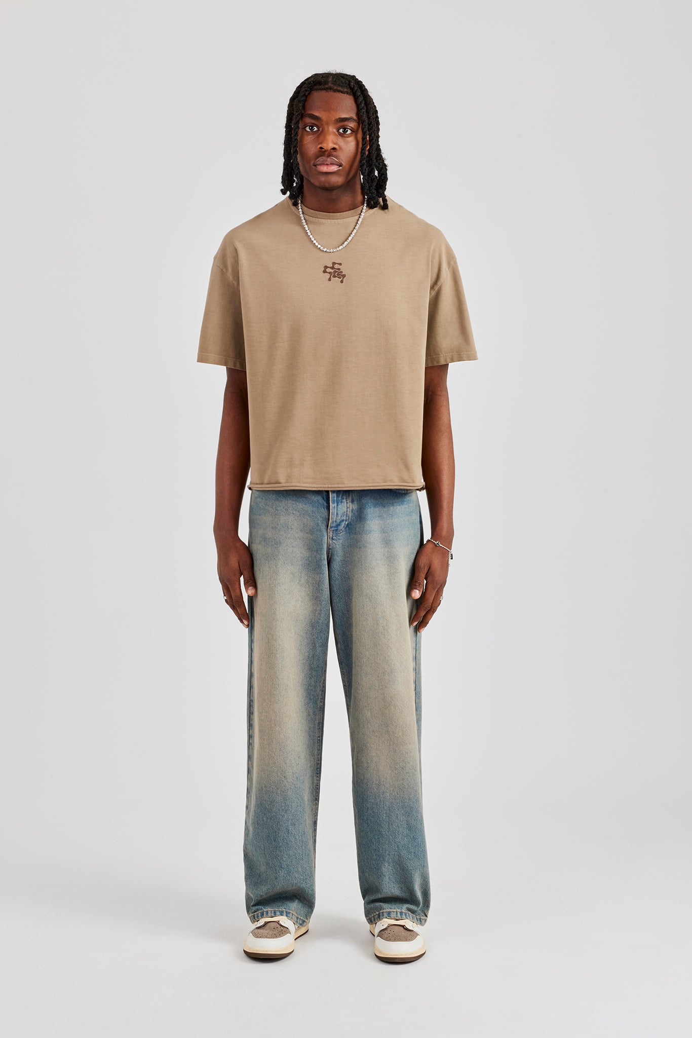 Chain Stitch Distressed Boxy T-Shirt - Taupe | Mens Tees & Vests
