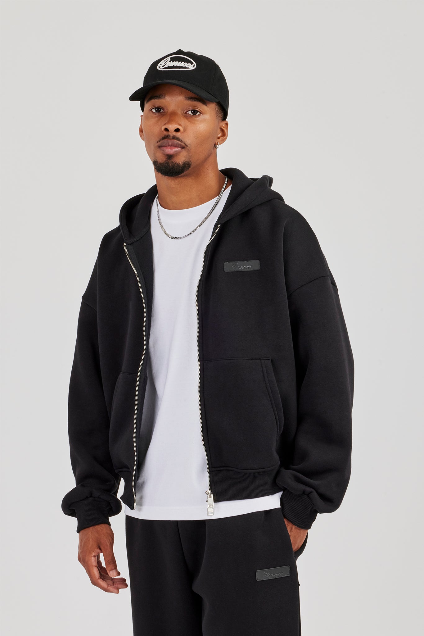Logo Tab Zip Hoodie  Black