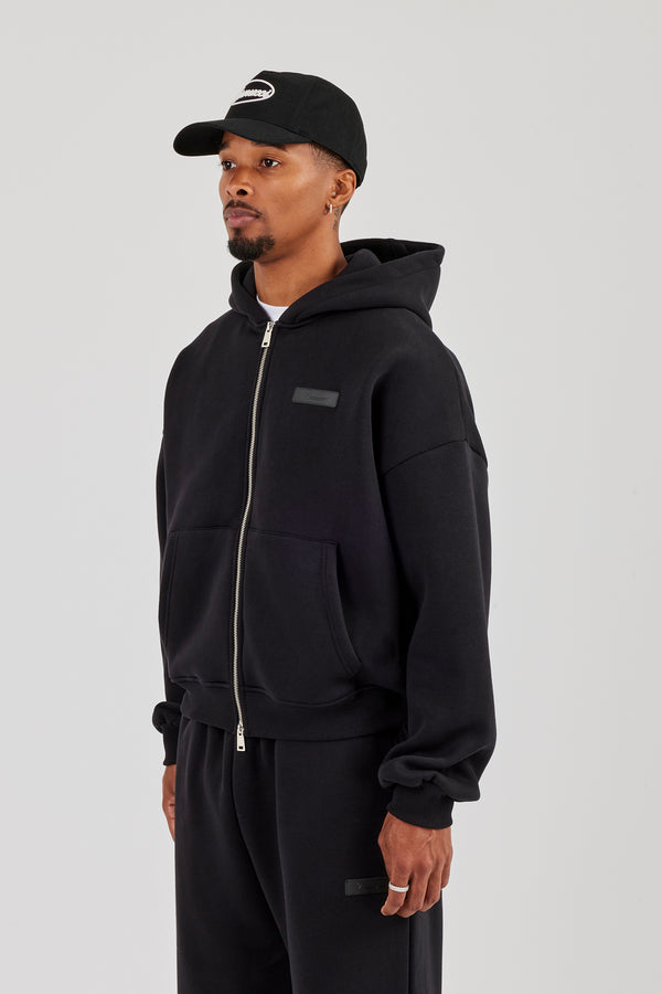 Logo Tab Zip Hoodie  Black