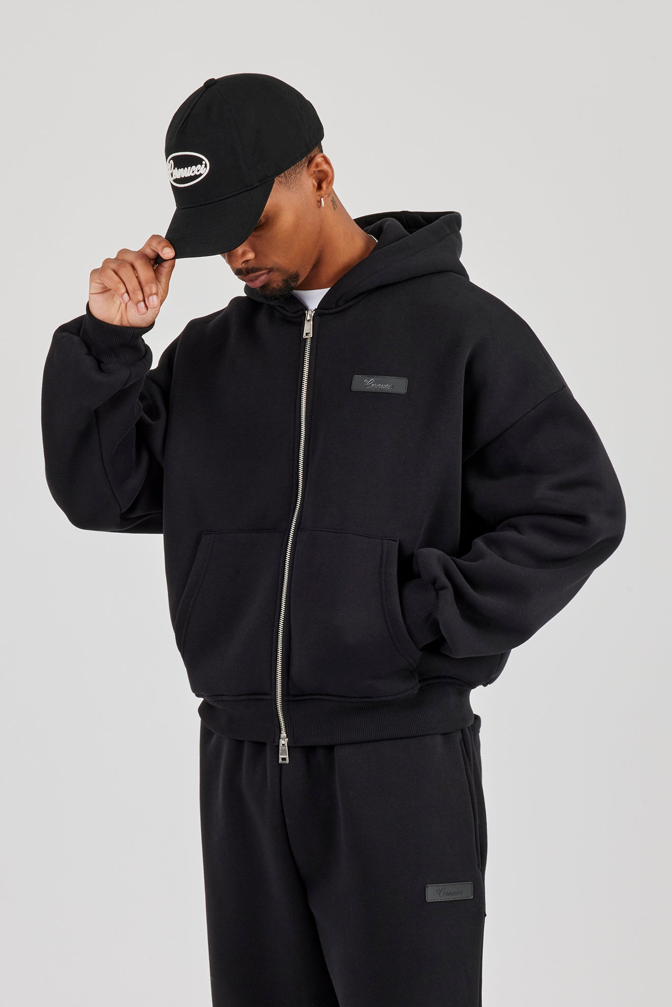Logo Tab Zip Hoodie  Black