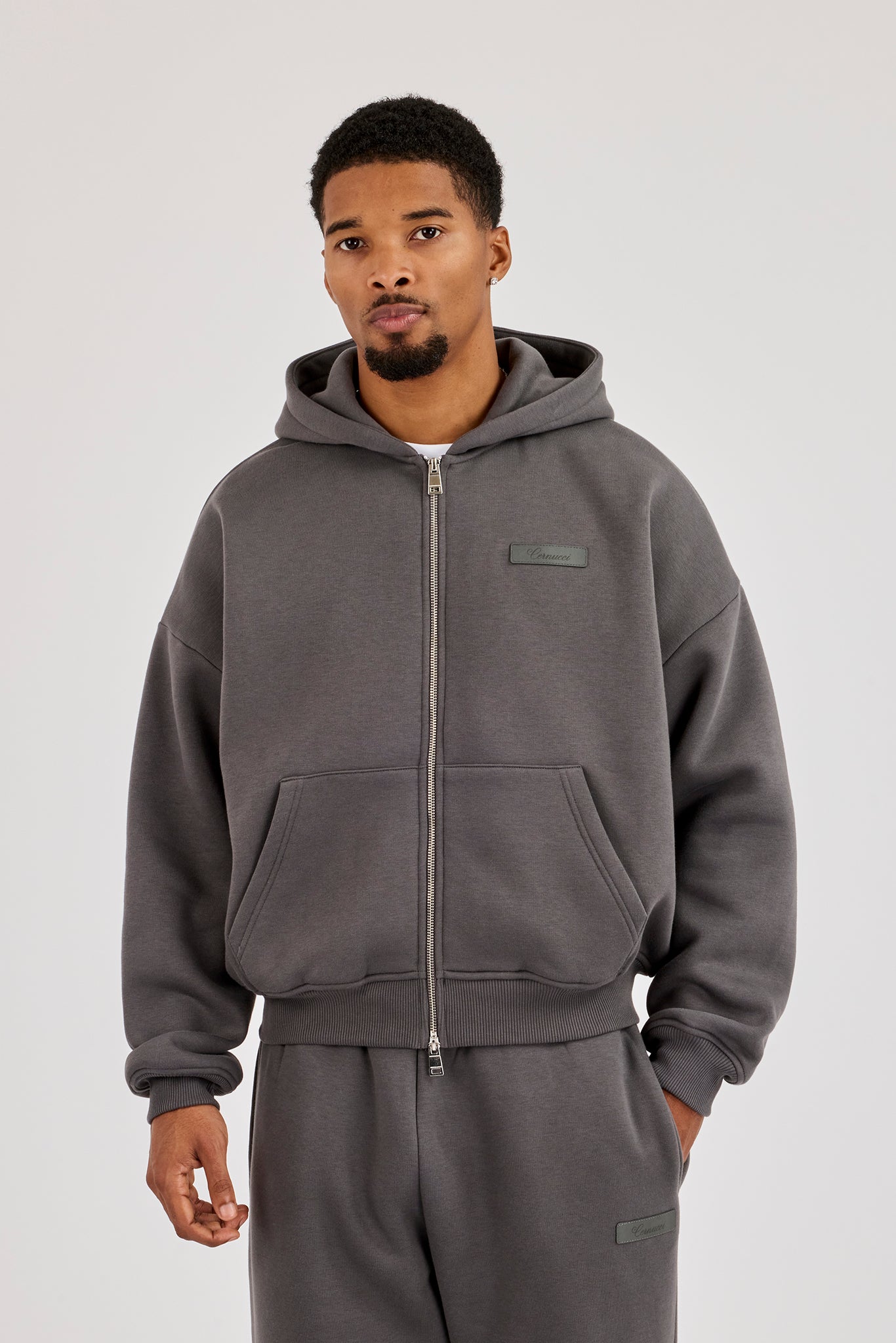 Logo Tab Boxy Zip Hoodie - Charcoal