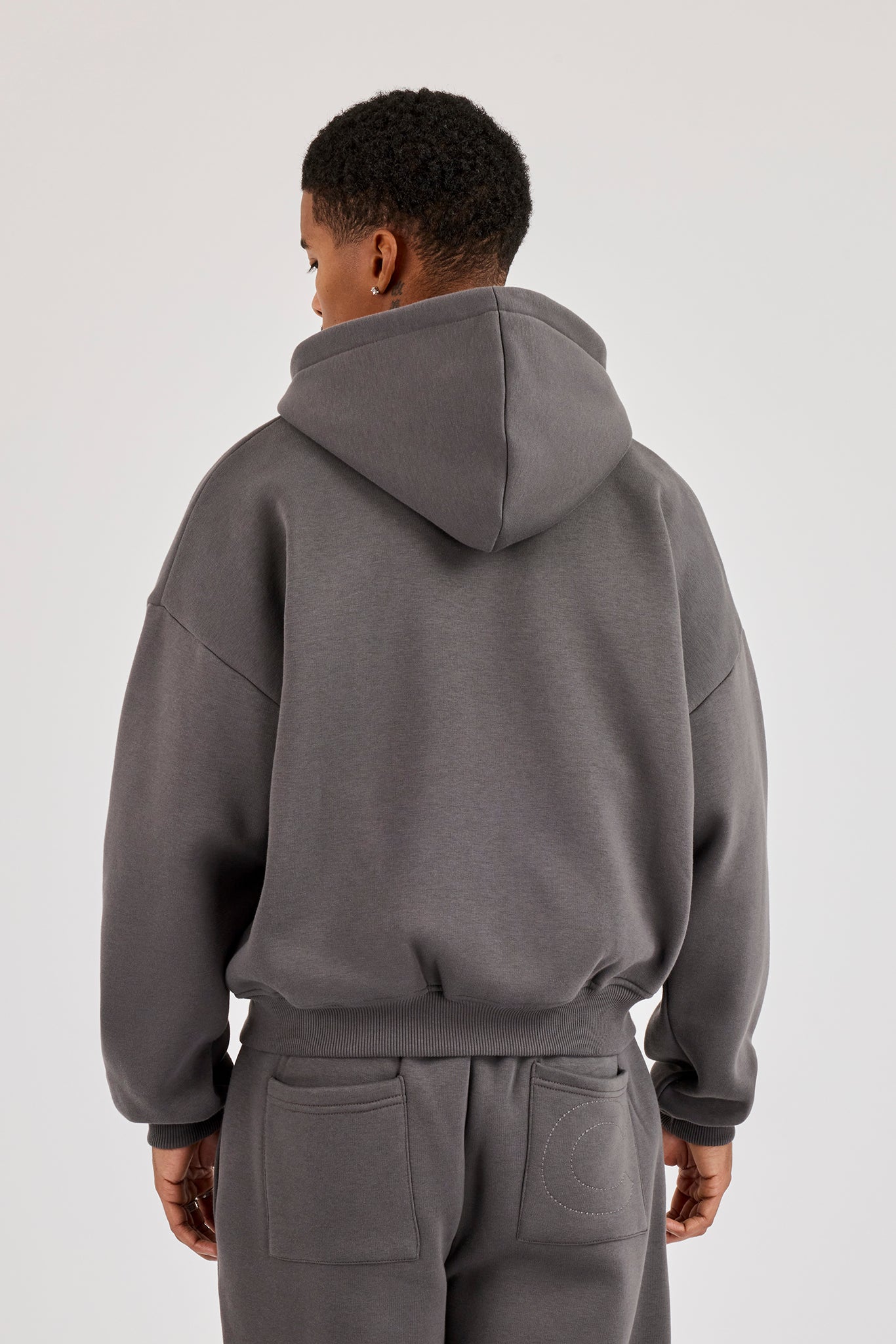 Logo Tab Boxy Zip Hoodie - Charcoal