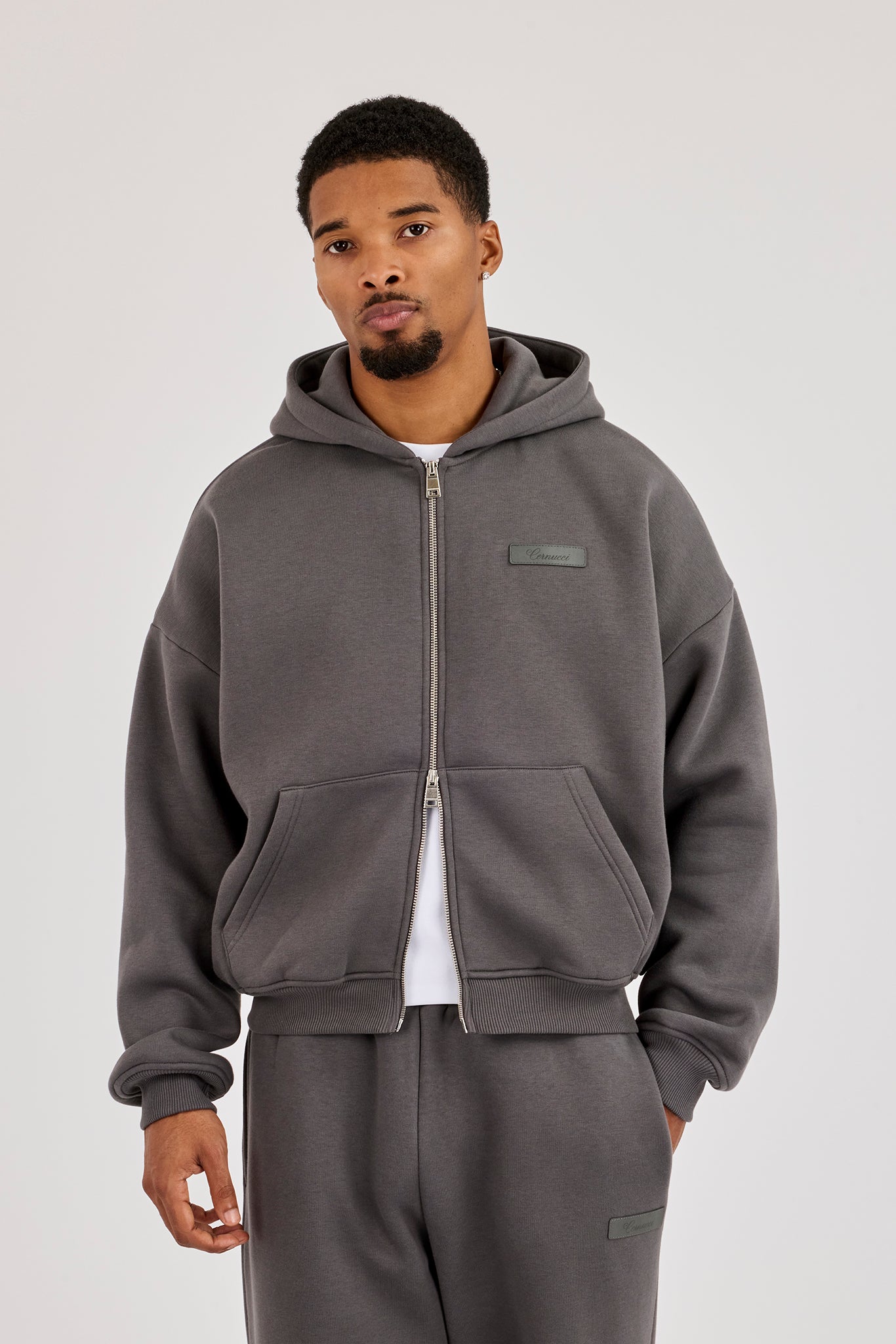 Logo Tab Boxy Zip Hoodie & Relaxed Jogger -Charcoal