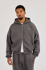 Logo Tab Boxy Zip Hoodie & Relaxed Jogger -Charcoal