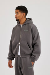Logo Tab Boxy Zip Hoodie - Charcoal