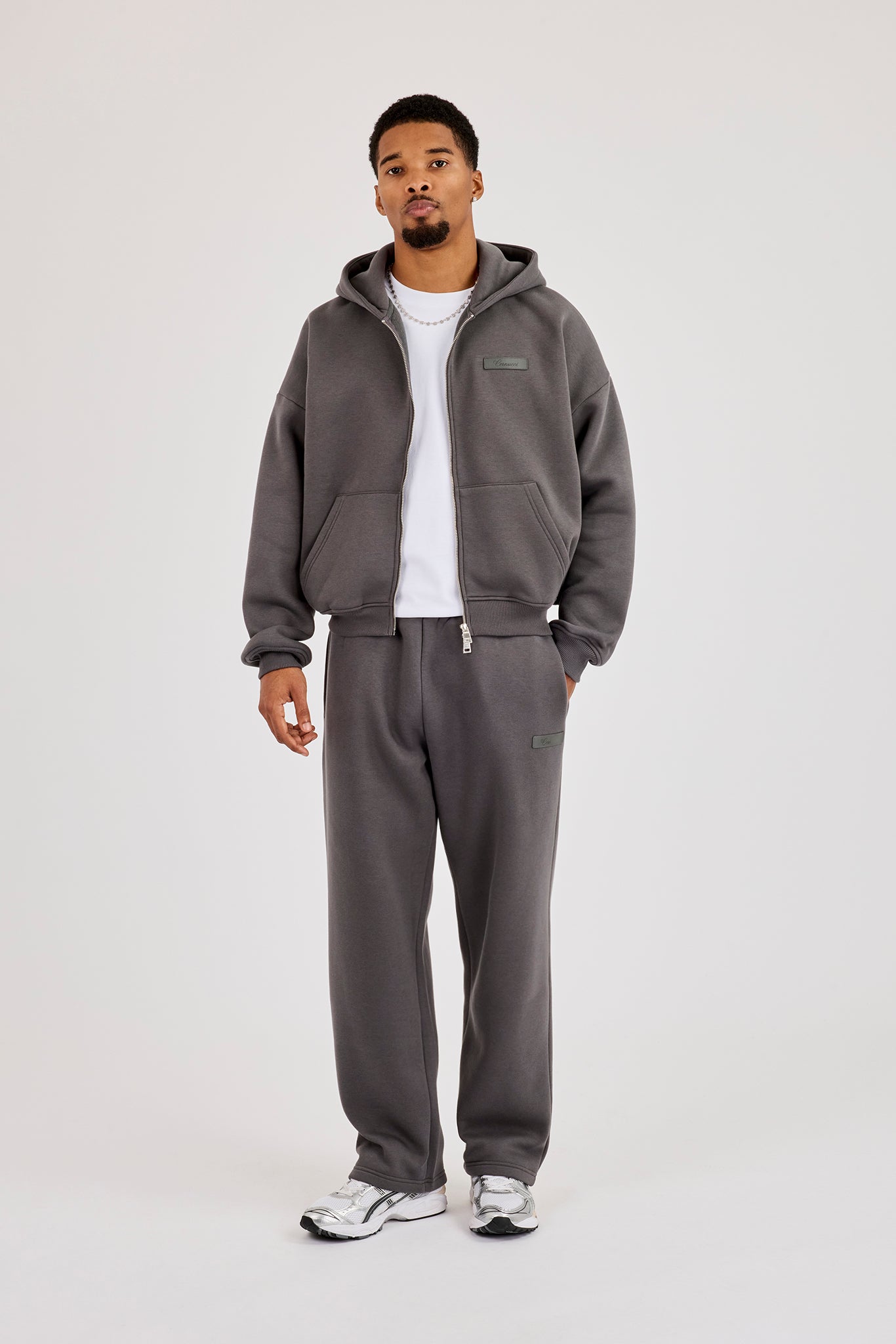 Logo Tab Boxy Zip Hoodie & Relaxed Jogger -Charcoal
