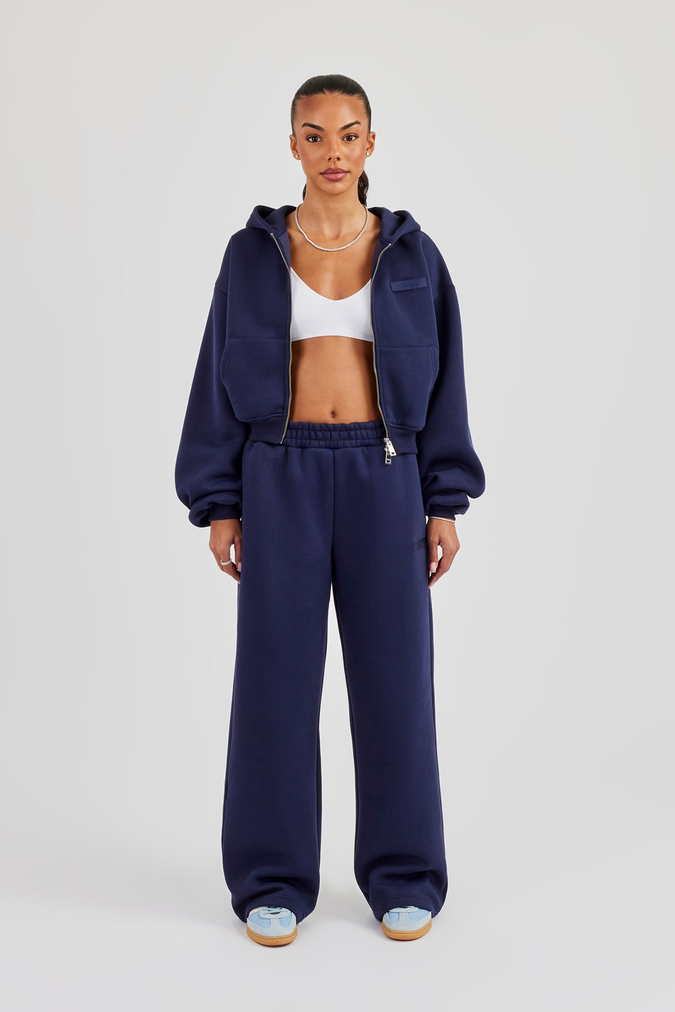Logo Tab Boxy Zip Hoodie & Wide Leg Jogger - Navy Blue | Womens