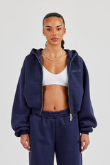 Logo Tab Boxy Zip Hoodie - Navy Blue