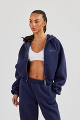Logo Tab Boxy Zip Hoodie - Navy Blue