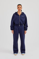 Logo Tab Boxy Zip Hoodie & Wide Leg Jogger - Navy Blue