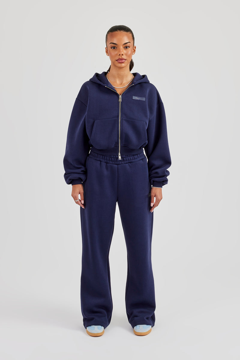 Logo Tab Boxy Zip Hoodie & Wide Leg Jogger - Navy Blue