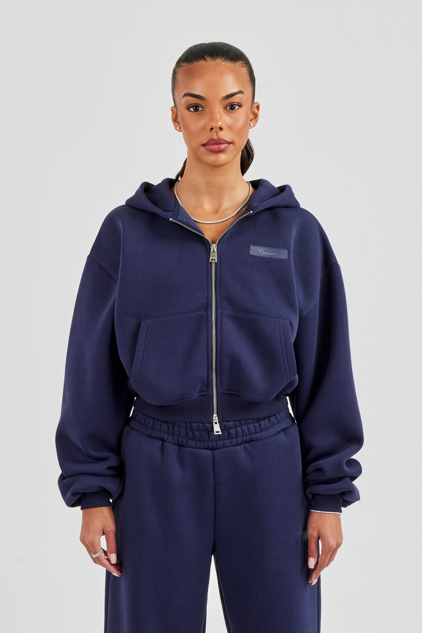 Logo Tab Boxy Zip Hoodie - Navy Blue