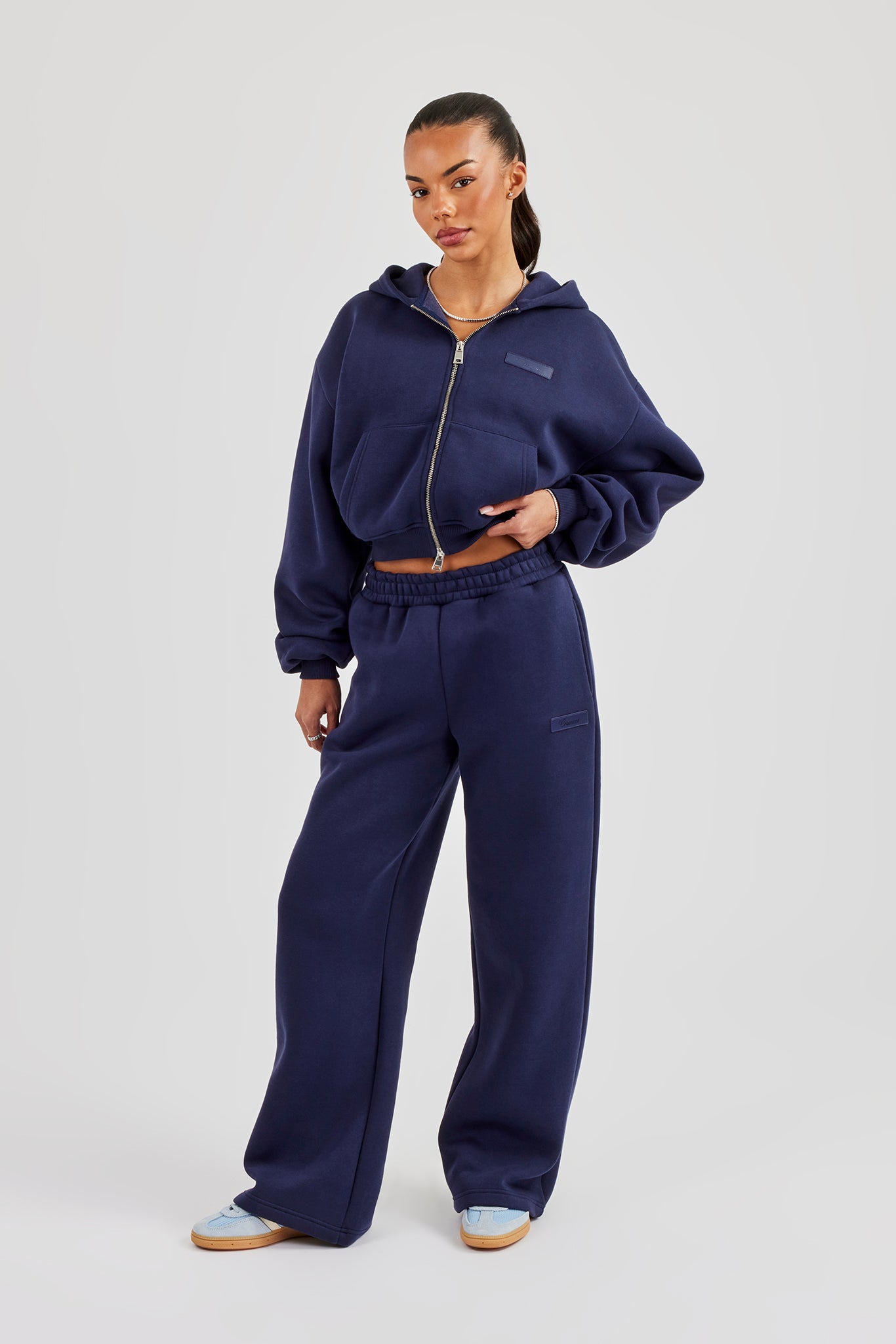 Logo Tab Boxy Zip Hoodie & Wide Leg Jogger - Navy Blue