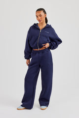 Logo Tab Boxy Zip Hoodie & Wide Leg Jogger - Navy Blue