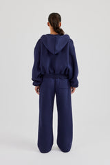 Logo Tab Boxy Zip Hoodie & Wide Leg Jogger - Navy Blue