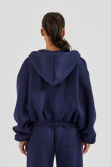 Logo Tab Boxy Zip Hoodie - Navy Blue