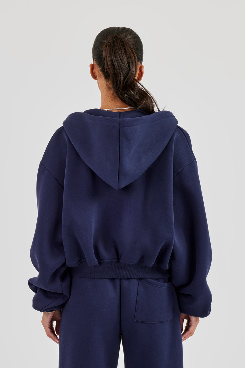 Logo Tab Boxy Zip Hoodie - Navy Blue
