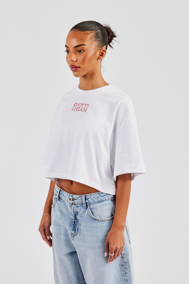 Glitter Applique Cropped T-Shirt - White
