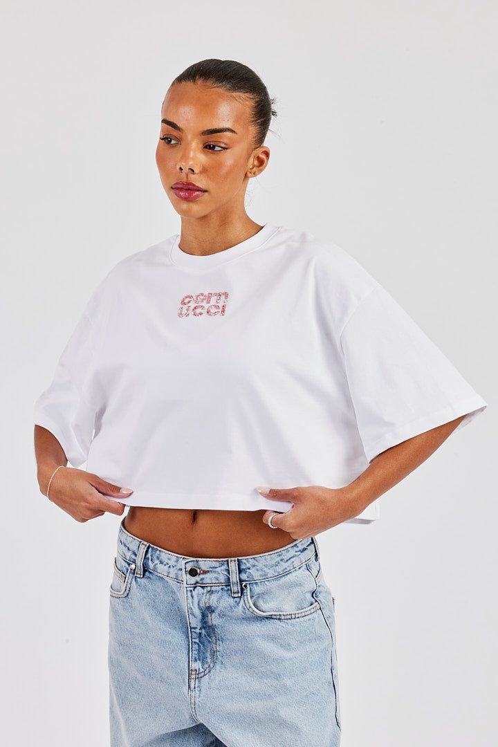 Glitter Applique Cropped T-Shirt - White