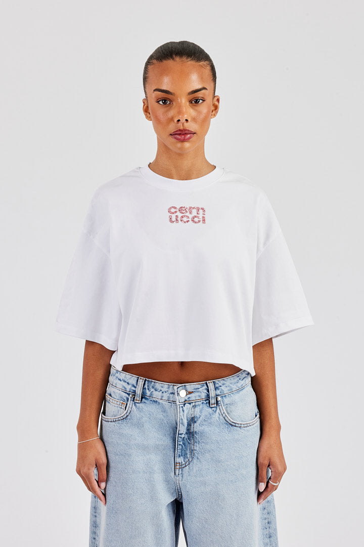Glitter Applique Cropped T-Shirt - White