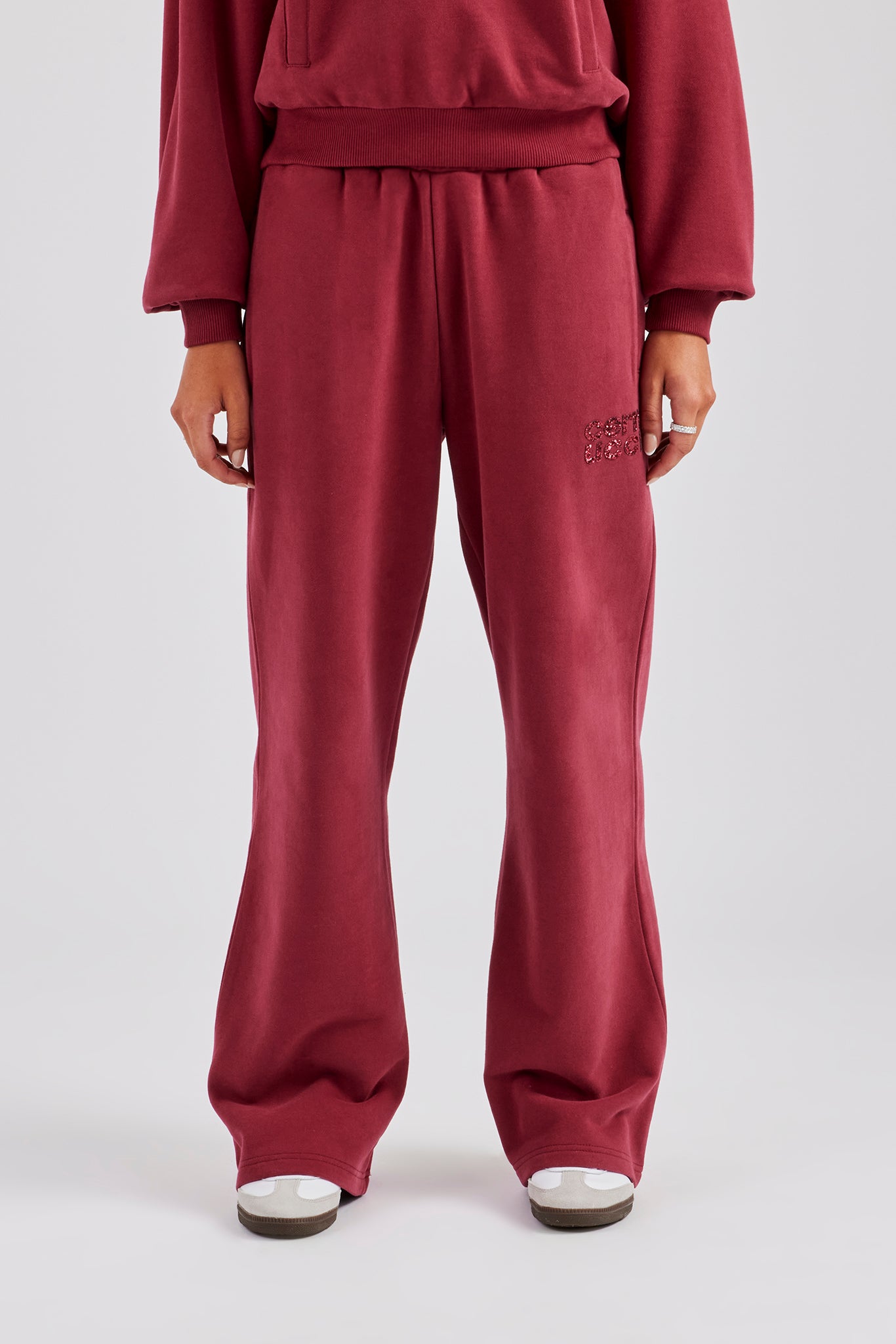 Glitter Applique Wide Leg Jogger - Cherry Red | Womens