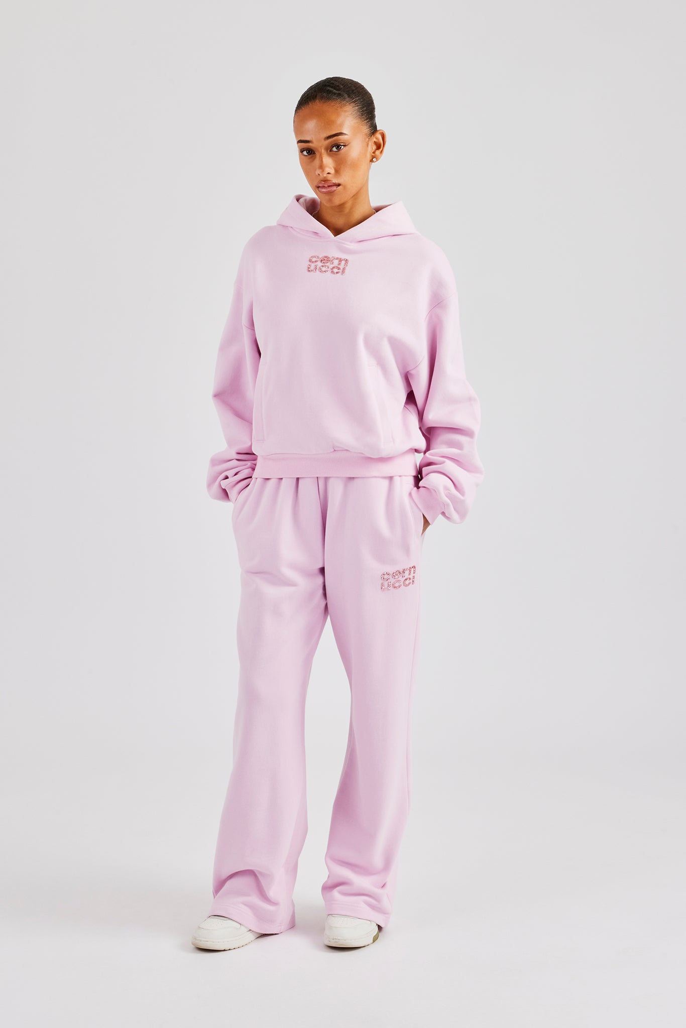 Glitter Applique Boxy Hooded Tracksuit - Pink | Womens Sets