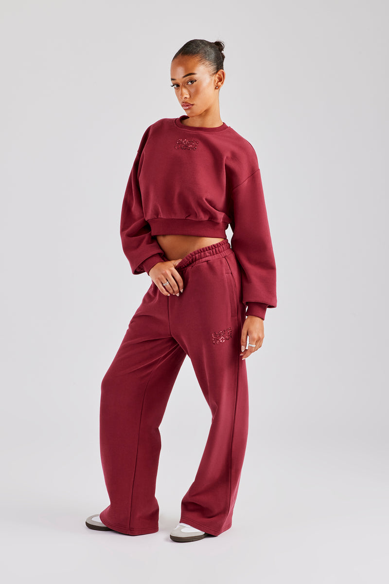 Glitter Applique Oversized Sweatshirt Tracksuit Cherry Red