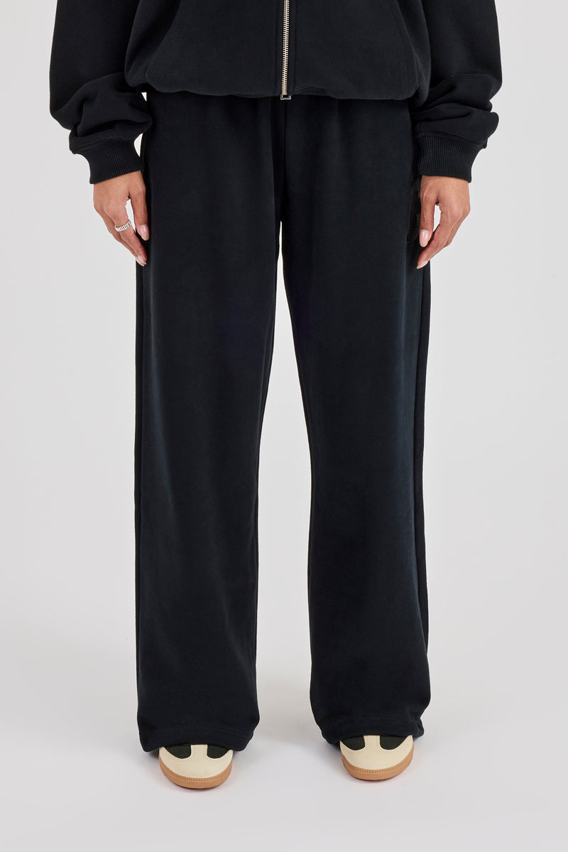 C Embroidered Wide Leg Jogger - Black