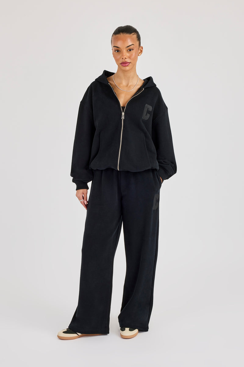 C Embroidered Wide Leg Jogger - Black
