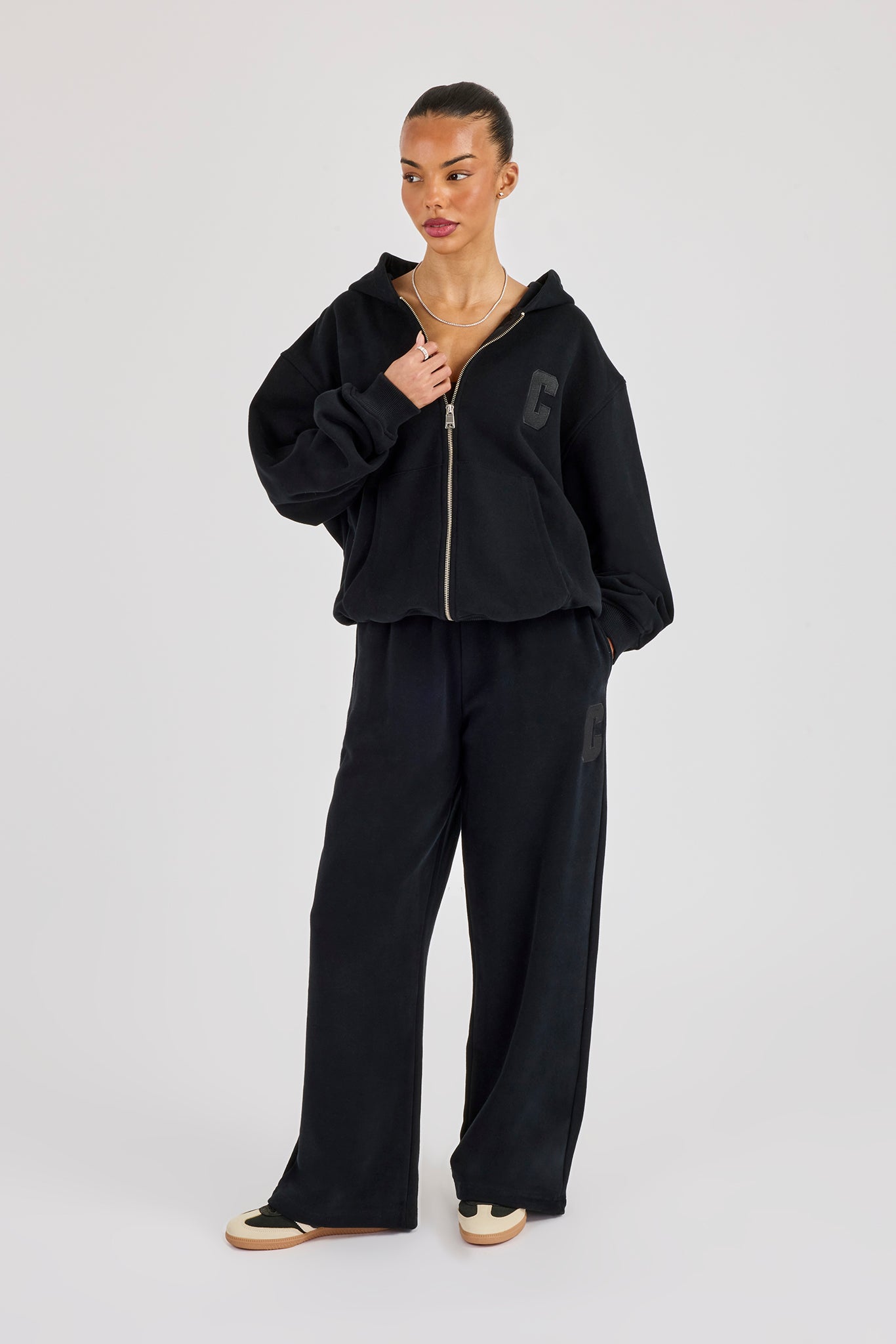 C Embroidered Zip Through Hoodie & Wide Leg Jogger - Black