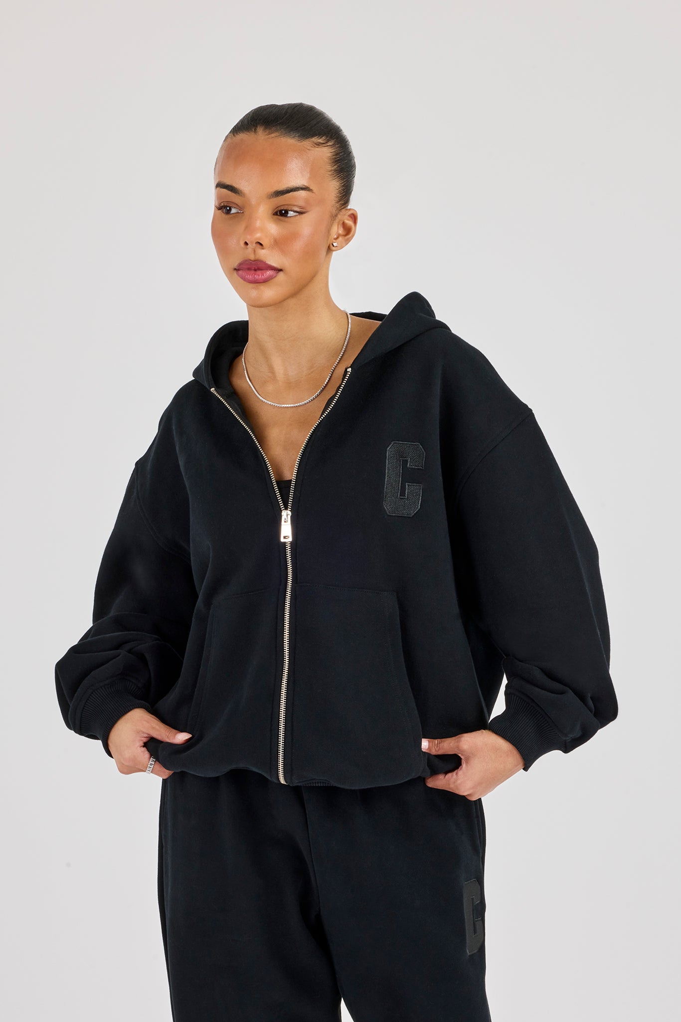 C Embroidered Zip Through Hoodie - Black