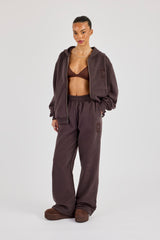 C Embroidered Zip Through Hoodie & Wide Leg Jogger - Coffee