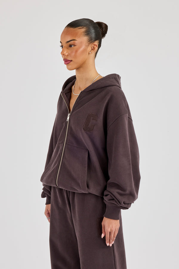 C Embroidered Zip Through Hoodie - Coffee