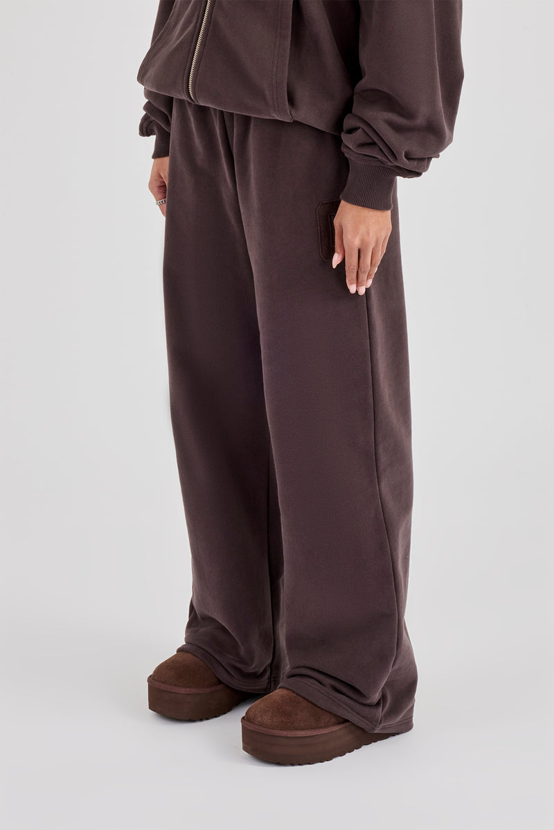 C Embroidered Wide Leg Jogger - Coffee