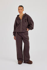C Embroidered Zip Through Hoodie & Wide Leg Jogger - Coffee