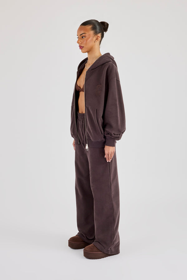C Embroidered Zip Through Hoodie & Wide Leg Jogger - Coffee