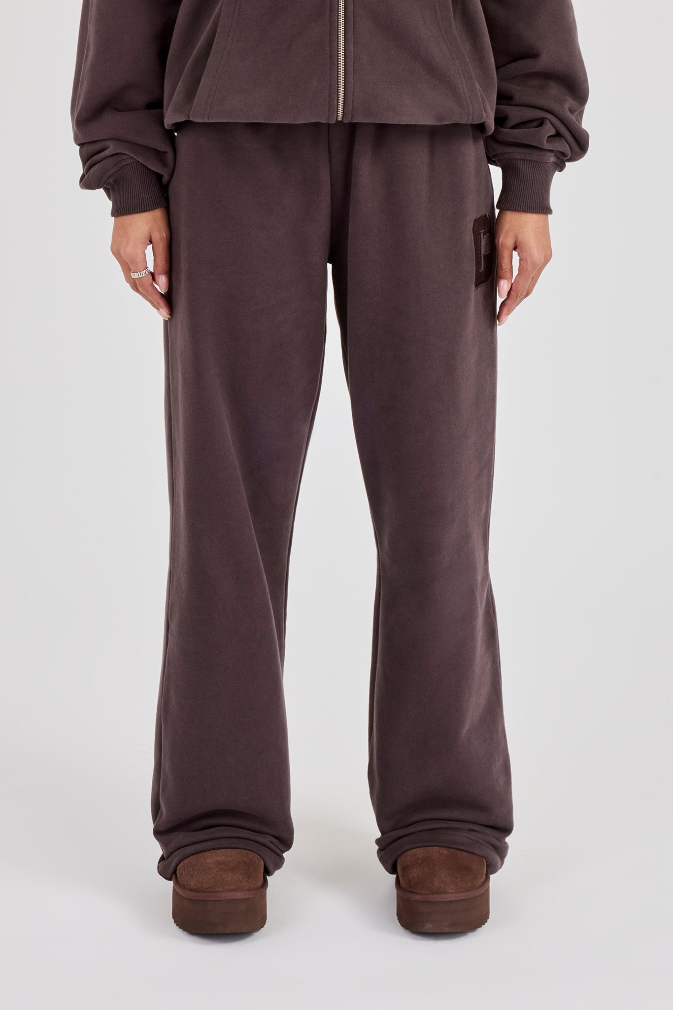 C Embroidered Wide Leg Jogger - Coffee