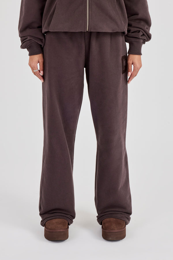 C Embroidered Wide Leg Jogger - Coffee