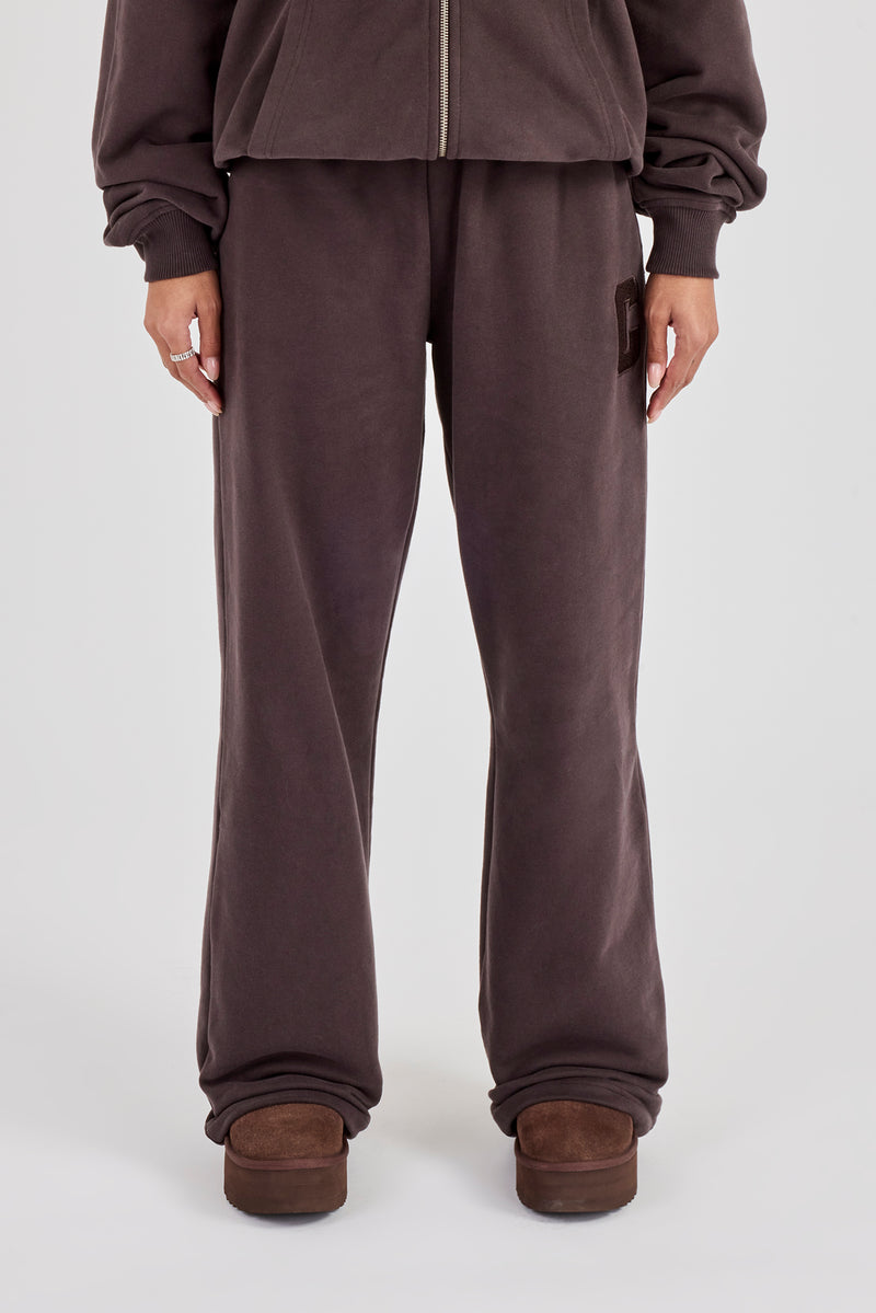 C Embroidered Wide Leg Jogger - Coffee