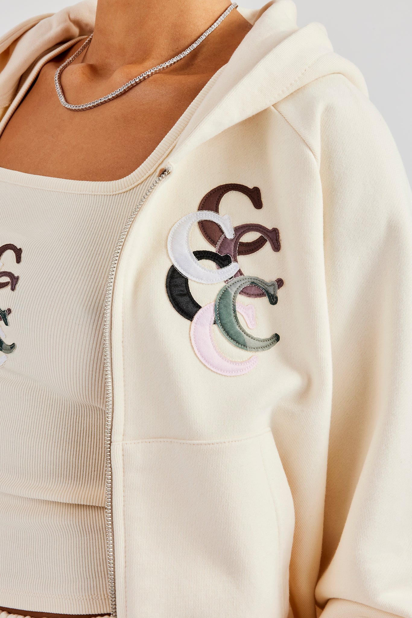 Cropped Washed Layered Applique Zip Hoodie - Off White | Womens