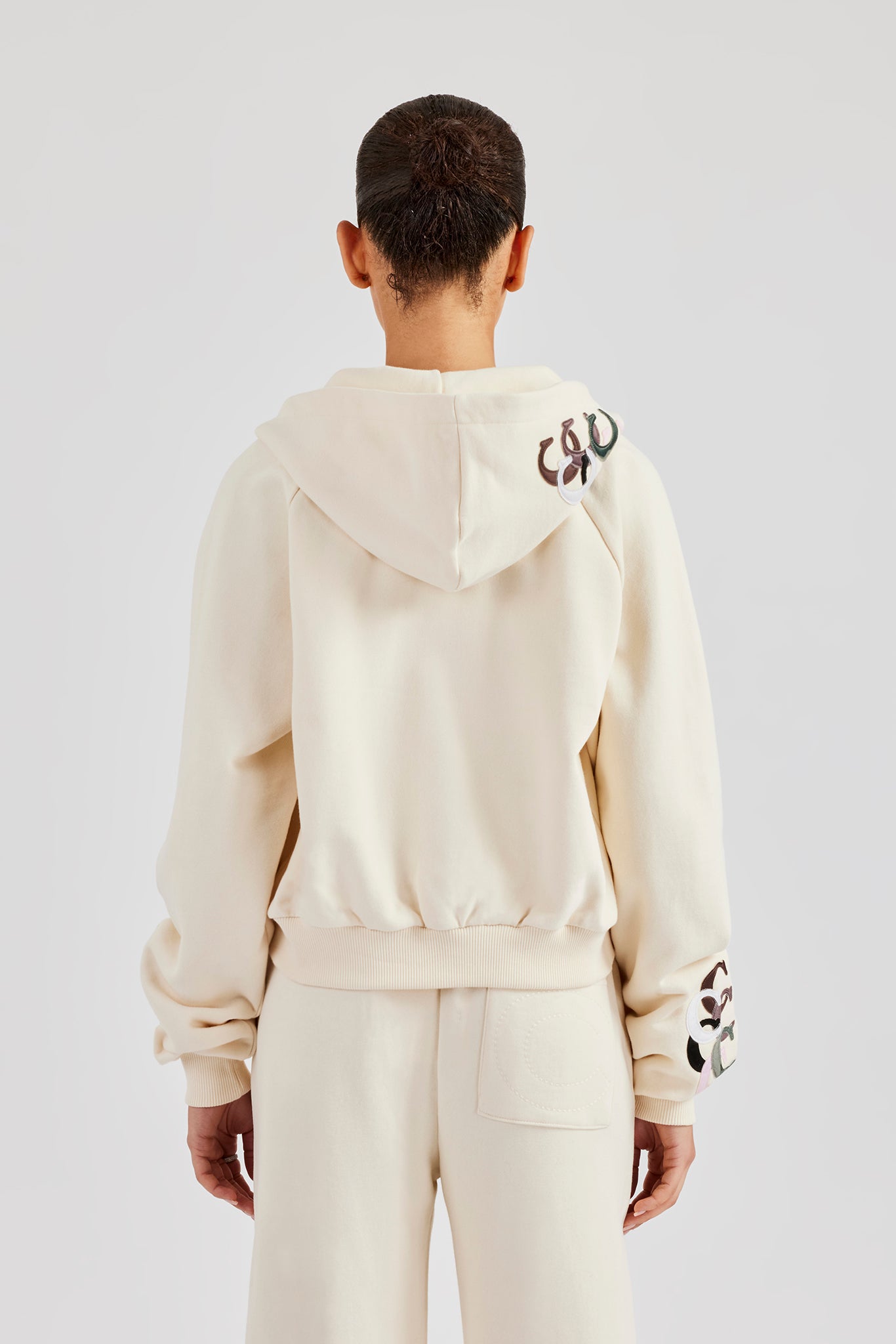 Cropped Washed Layered Applique Zip Hoodie - Off White | Womens