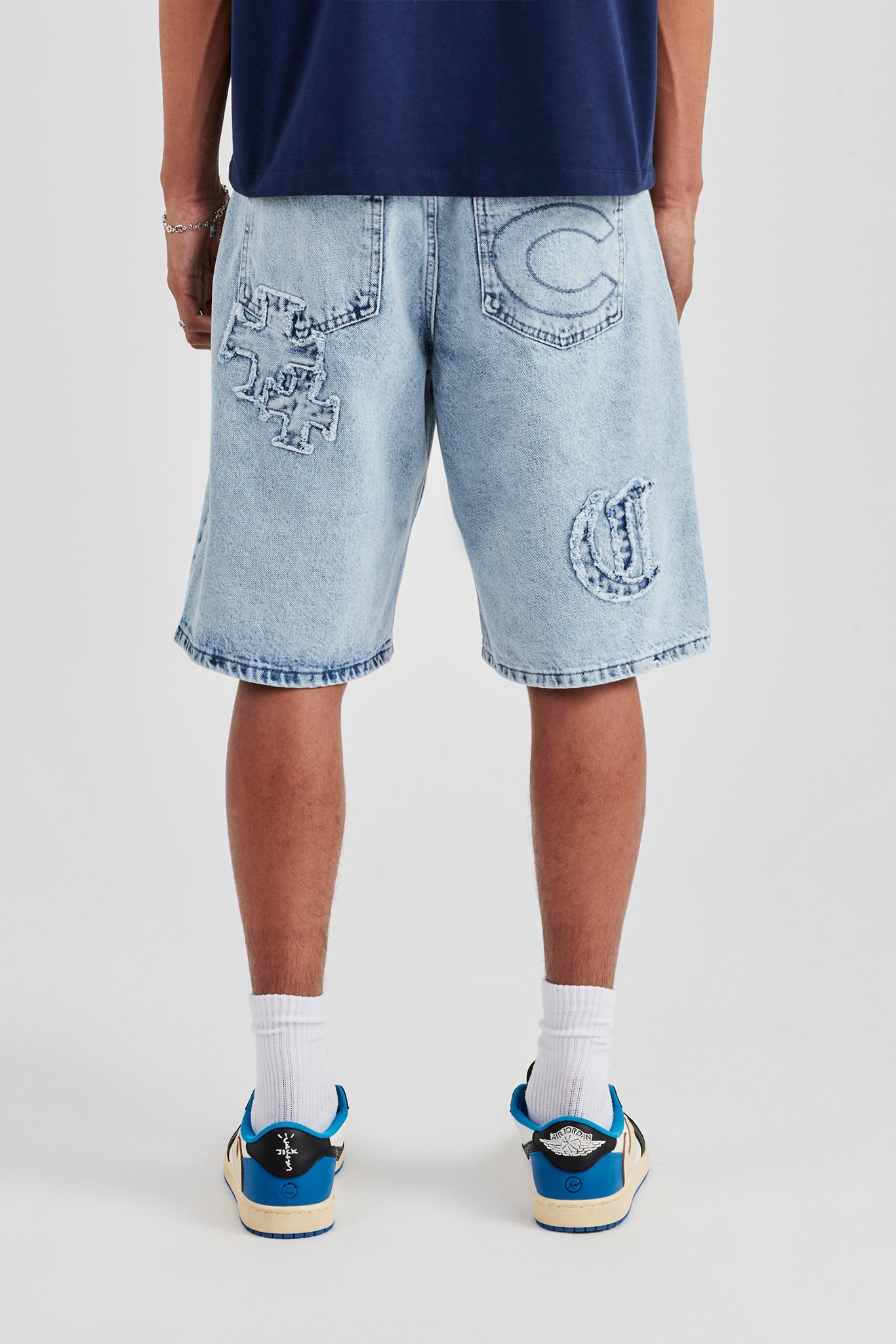 Raw Edge Applique Denim Bermuda Short - Light Blue
