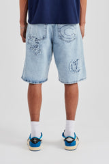 Raw Edge Applique Denim Bermuda Short - Light Blue